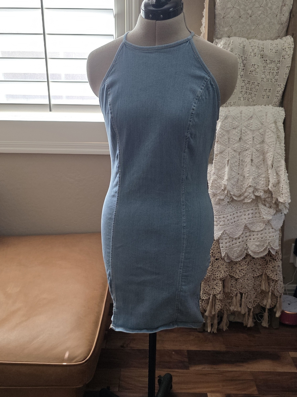 Sleeveless Light Blue Denim Halter Mini Dress